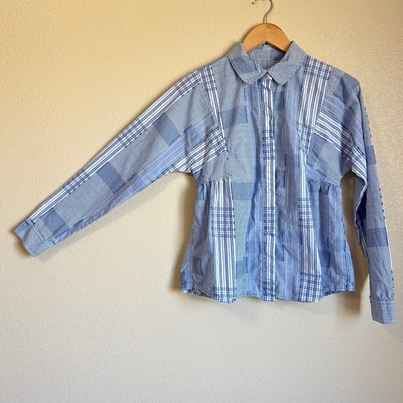 Anthropologie Tops - Vintage Anthropologie Shirt Size 2 Blue White Patchwork Quilt Striped Boho Beach